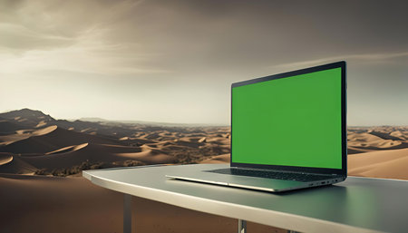 A laptop sits on a desk overlooking a vast desert landscape. The sun sets casting a warm golden light over the dunes.の写真素材
