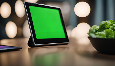 A tablet with a green screen, a bowl of salad, and a blurred background of lights.の写真素材