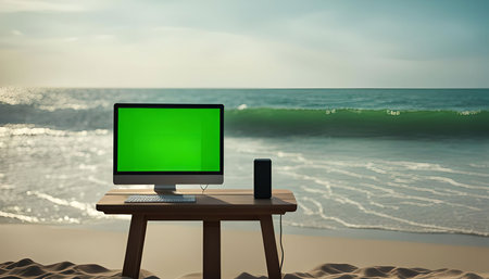 A computer on a wooden table on the beach, with a green screen and waves in the background.