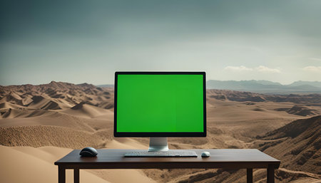 A computer with a green screen sits on a wooden table in a desert landscape. The sand dunes stretch out in the background.の写真素材