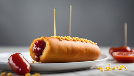 A close-up of a corn dog, covered in mustard and ketchup, resting on a white plate. The dog is fresh and crispy with a hint of spice.の写真素材