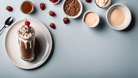 A delicious chocolate milkshake with whipped cream and a cherry on top.の写真素材