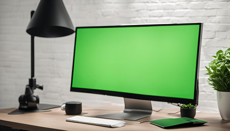 A modern office desk with a computer monitor with a green screen, ready for your design or video....