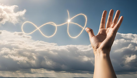 A hand reaches out towards a glowing infinity symbol drawn in the sky, suggesting hope, aspiration,...