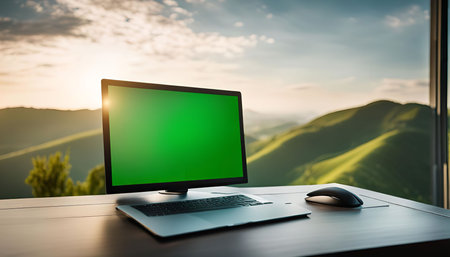 A laptop with a green screen sits on a desk, facing a scenic view of mountains and a sunset sky.の写真素材
