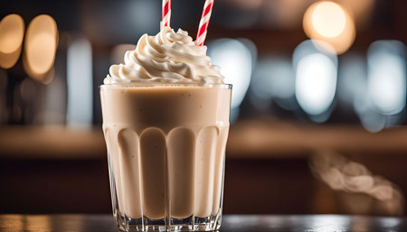 A close-up shot of a milkshake with whipped cream and straws in a glass on a bar counter. The background is blurred with bokeh lights.の写真素材