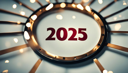 A golden circle with the year 2025 in red letters, surrounded by decorative lights. A celebratory...