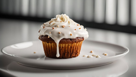 A single white frosted cupcake on a white plate, decorated with sprinkles.の写真素材