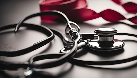 A close-up photo of a stethoscope and red ribbon, symbolizing health, awareness, and support for medical causes.の写真素材