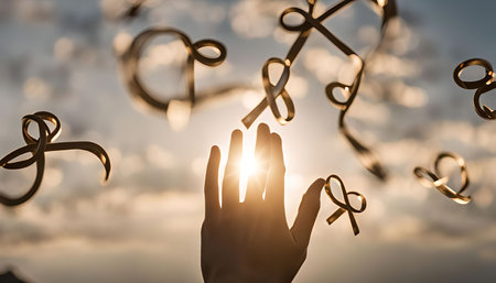 A hand reaching out towards golden ribbons floating in the sky against a backdrop of sunset. The image evokes a sense of hope, optimism, and the pursuit of dreams.の写真素材