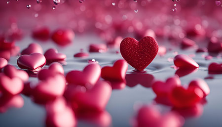 A close-up of many red hearts floating on water with a single large heart in the center.の写真素材
