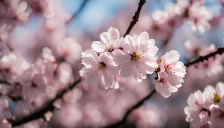 A close-up view of delicate pink cherry blossoms in full bloom, showing their soft petals and vibrant colors against a blurred background.の写真素材