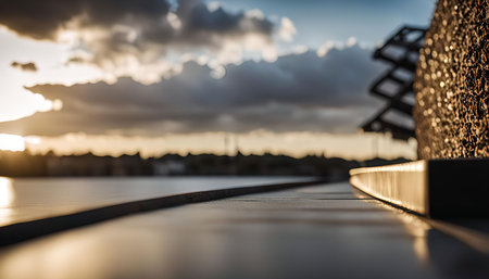 A close-up view of a paved surface with the golden sunset and city skyline in the background.の写真素材