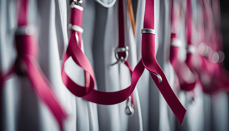 A close-up shot of crimson straps hanging against a white fabric background. The straps are smooth and elegant, and they create a sense of order and minimalism.の写真素材