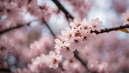 A close-up shot of delicate pink cherry blossoms on a branch, capturing the beauty and fragility of...