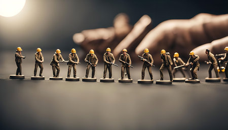 A group of miniature toy soldiers in military formation, standing in line, holding weapons, against...
