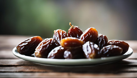 A plate of dates on a wooden table. The dates are a brown color and have a shiny surface. They are...