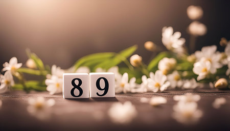 Two white blocks with the numbers 8 and 9 on them, surrounded by white flowers, representing number...