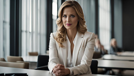 A confident businesswoman sits at a desk in a modern office, exuding professionalism and success....