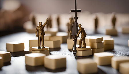 A close-up of figurines on a board game, capturing a moment of play. The figurines represent players in the game, showing their strategies and interactions.の写真素材