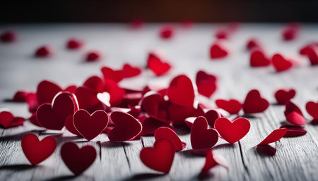 Red hearts scattered on a wooden table, creating a romantic and celebratory atmosphere. The hearts are a symbol of love and affection.の写真素材
