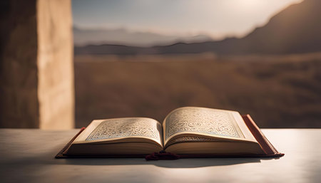 An open Quran resting on a table with a mountainous landscape and a sunlit sky in the background.の写真素材