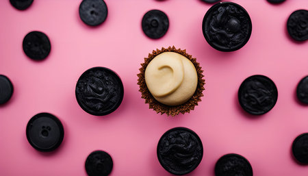 A single cupcake with creamy frosting sits in the center of a pink background. Surrounding the...