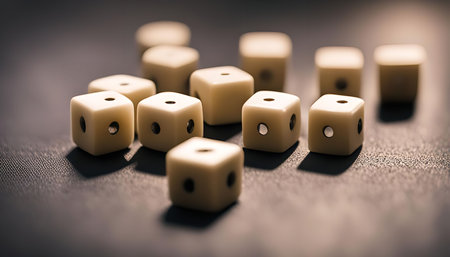 A close-up image of a group of dice, scattered on a dark surface. The image emphasizes the texture...