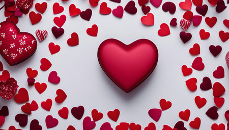 A white background with scattered red hearts of different shapes and sizes, with a single, large, red heart in the center, perfect for Valentine's Day greetings and decorations.の写真素材