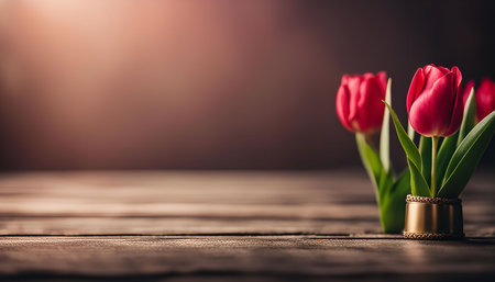 A close-up shot of three red tulips arranged in a golden vase on a wooden table. The image captures...