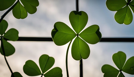 A four leaf clover stands out against a cloudy sky, a symbol of good luck and hope.の写真素材