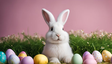 A white Easter bunny surrounded by colorful eggs in a grassy setting. The bunny is looking directly...