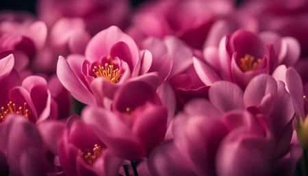 A close-up macro shot of a vibrant pink flower bouquet, showing delicate petals and intricate...