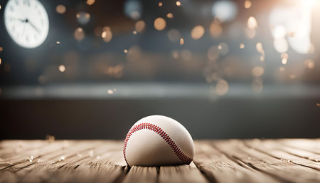 A classic baseball resting on a wooden surface with a blurry background of sparkling lights.の写真素材