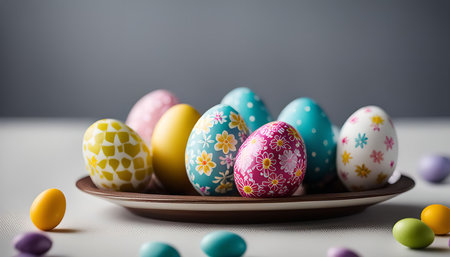 A close-up shot of brightly decorated Easter eggs arranged on a plate, celebrating the spring...