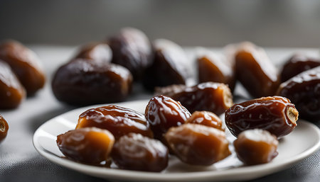 A close-up shot of dates on a white plate, showing their rich brown color and sweet, natural...