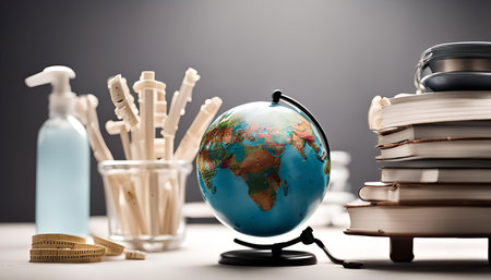 A close-up shot of a globe on a desk with books, pens, and a hand sanitizer. Focusing on the globe and the books, conveying a sense of learning and knowledge.の写真素材