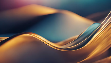 Abstract image of metallic gold waves, featuring a smooth, gradient background and subtle blue...