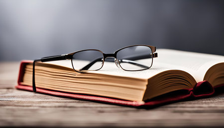 A close-up of an open book with glasses on top, suggesting a moment of pause during reading or study.の写真素材
