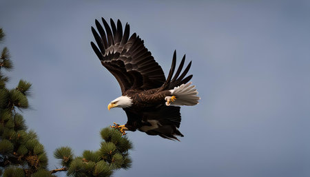 A majestic bald eagle with its wings spread wide soars through the air, its powerful talons...