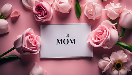 A delicate arrangement of pink roses surrounding a card with the simple words "For Mom" printed on it. It's a beautiful and heartfelt display for Mother's Day or any occasion to express love and appreciation for a mother.の写真素材