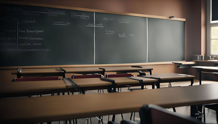 An empty classroom with a chalkboard, wooden desks, and chairs. The room is lit by a window in the...