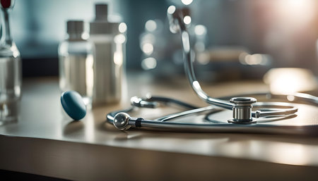A shiny, silver stethoscope lays on a wooden surface in a medical setting, representing the healthcare profession and the importance of diagnosis and care.の写真素材