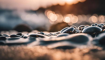 Close-up shot of smooth stones on the beach at sunset, with bokeh lights in the background.の写真素材