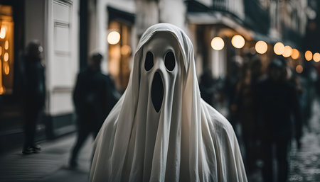 A ghostly figure dressed in a white sheet with a creepy mask wanders through a city street.の写真素材