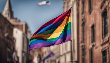 A vibrant rainbow pride flag waves proudly in the wind, showing the colors of the LGBTQ+ community....