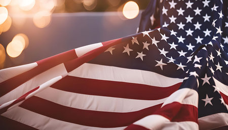 A close-up of the American flag, with the stars and stripes in focus. The background is blurred,...