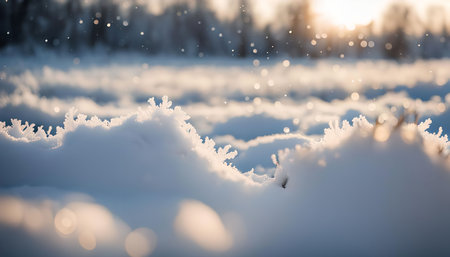 Close-up of a snowy landscape with the sun shining in the background, creating a glimmering effect.の写真素材