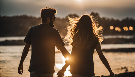 A silhouette of a couple walking hand in hand on a beach at sunset. The golden light of the setting sun casts a warm glow over the scene.の写真素材