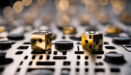 Two golden dice sit on a textured metal surface with a blurred background of bokeh lights.の写真素材
